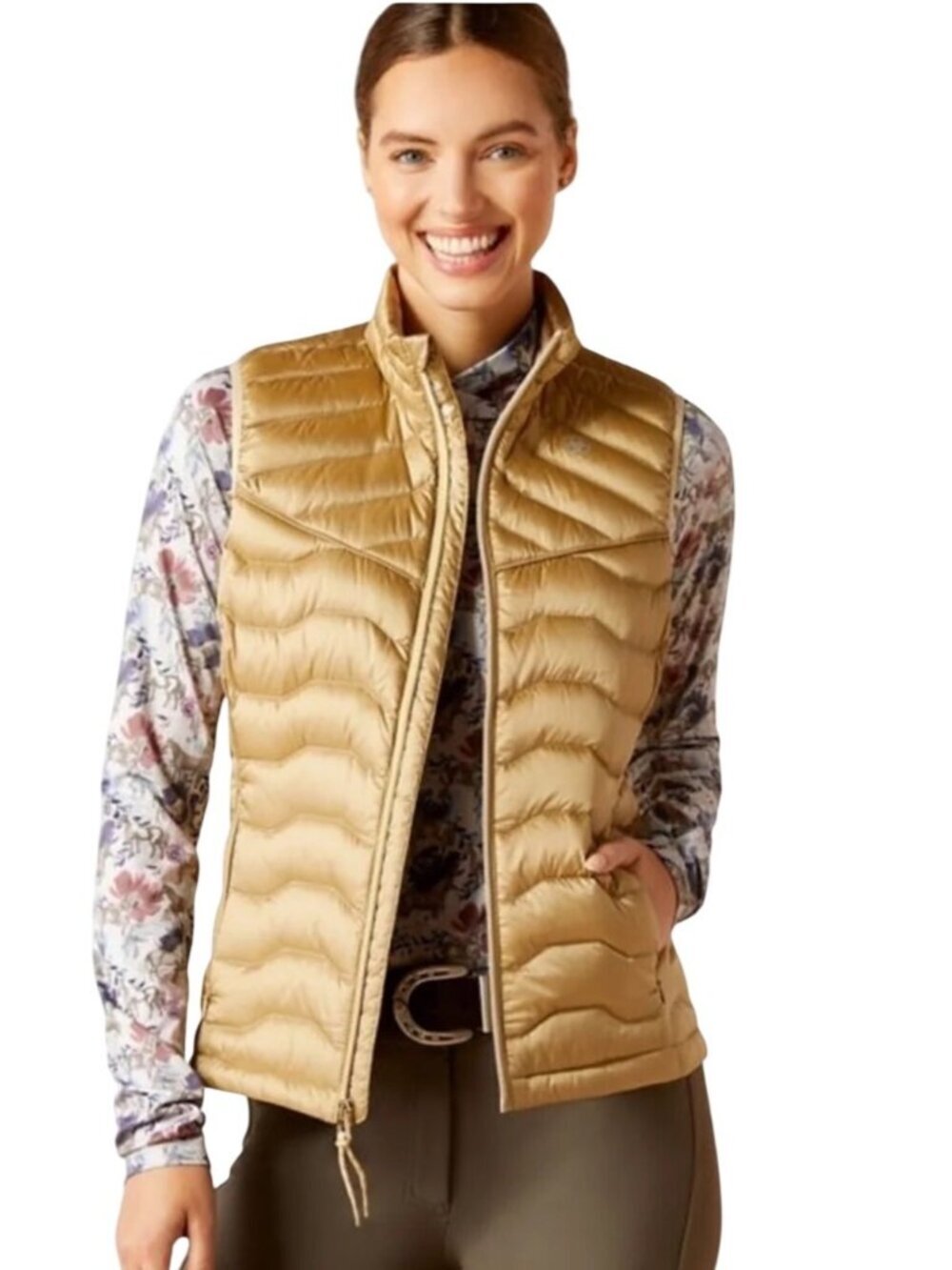 Ariat Gold Ideal Down Vest Lightweight Chevron Quilted Full Zip Equestrian XS